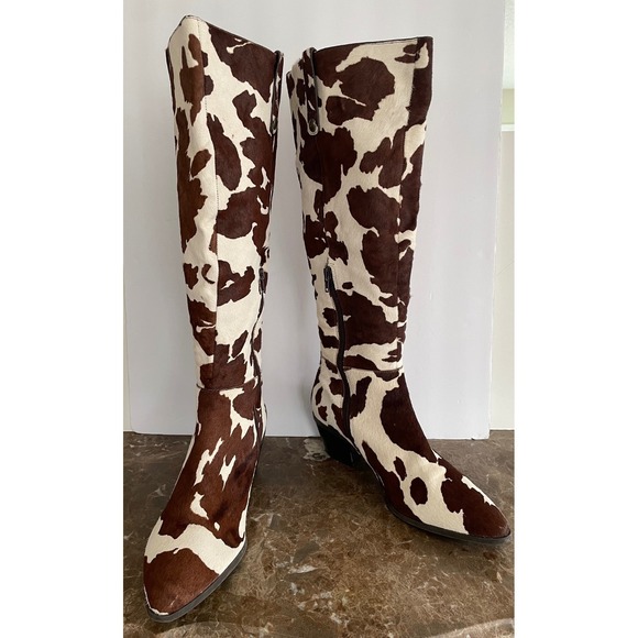 INC Womens Launa Cow Print Calf Hair Boots Brown White Cowgirl Western Chic 10M - Picture 12 of 16